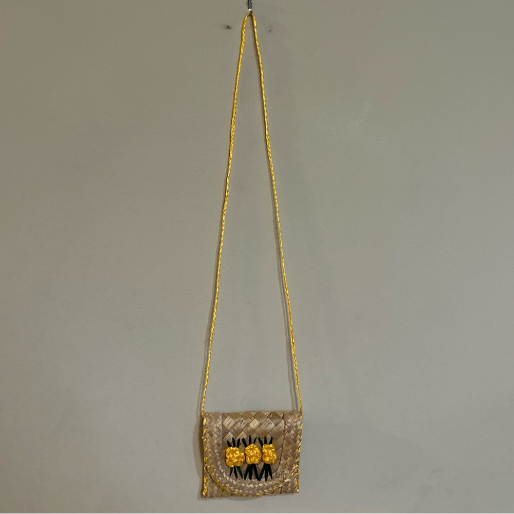 Mini Straw Purse Yellow Trim And Braided Strap Floral Front 5”x4”x0.5”